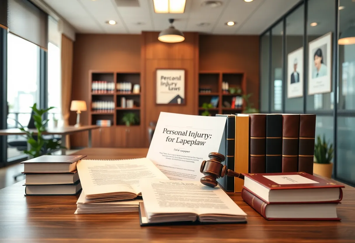A modern legal office setup with law books and documents related to personal injury law.