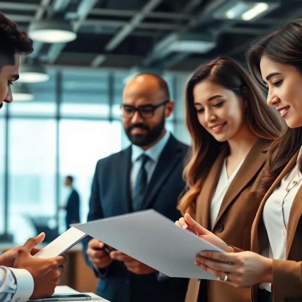 Corporate law office with professionals collaborating