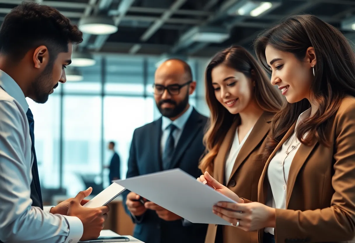 Corporate law office with professionals collaborating