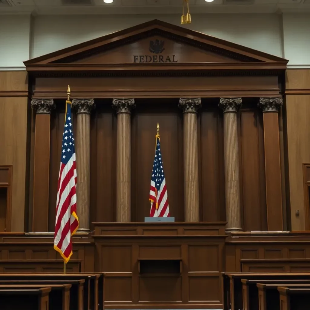 Federal courtroom illustrating justice themes