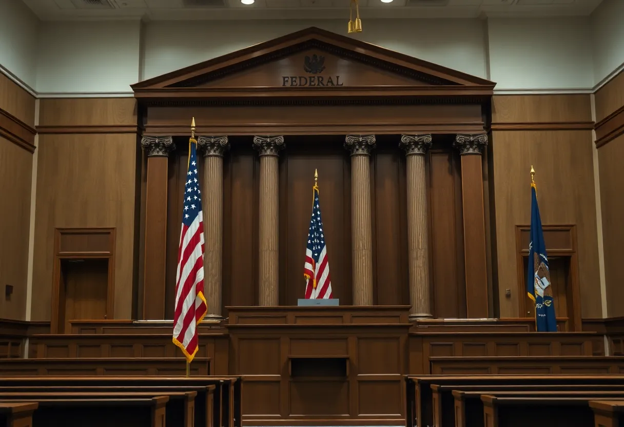 Federal courtroom illustrating justice themes