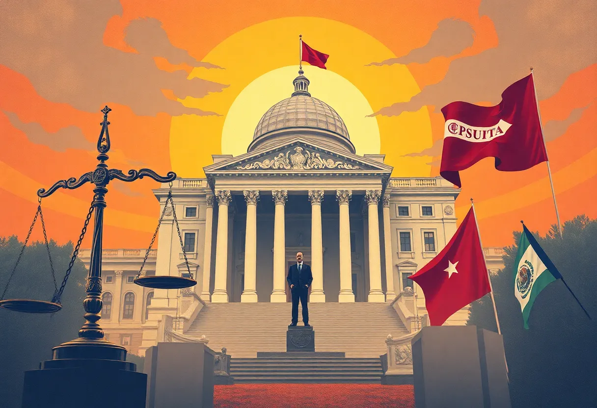 Conceptual illustration representing political turmoil and legal investigations