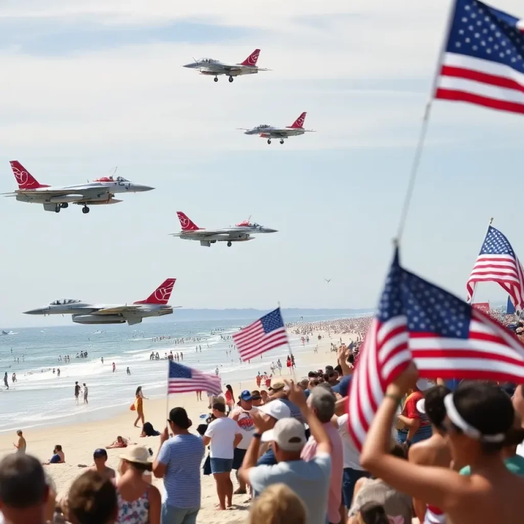 Military aircraft flying over a beach crowd on Independence Day