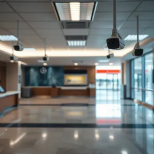 Interior view of a bank lobby emphasizing surveillance and security setups.