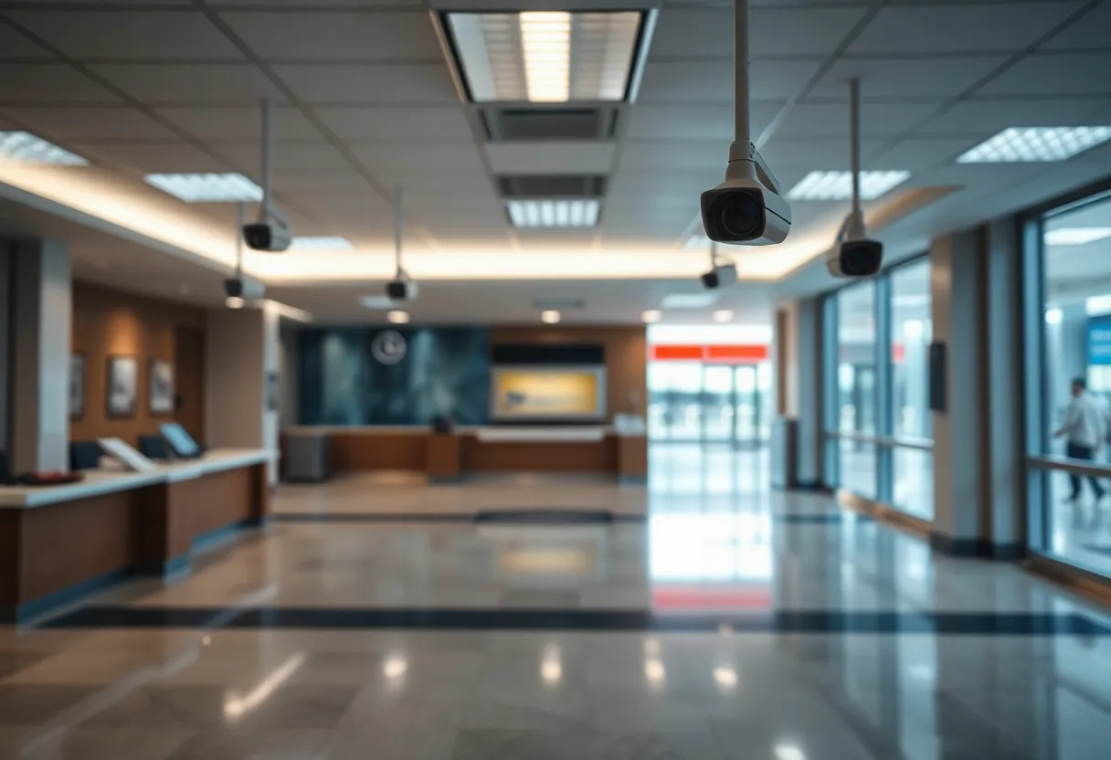 Interior view of a bank lobby emphasizing surveillance and security setups.