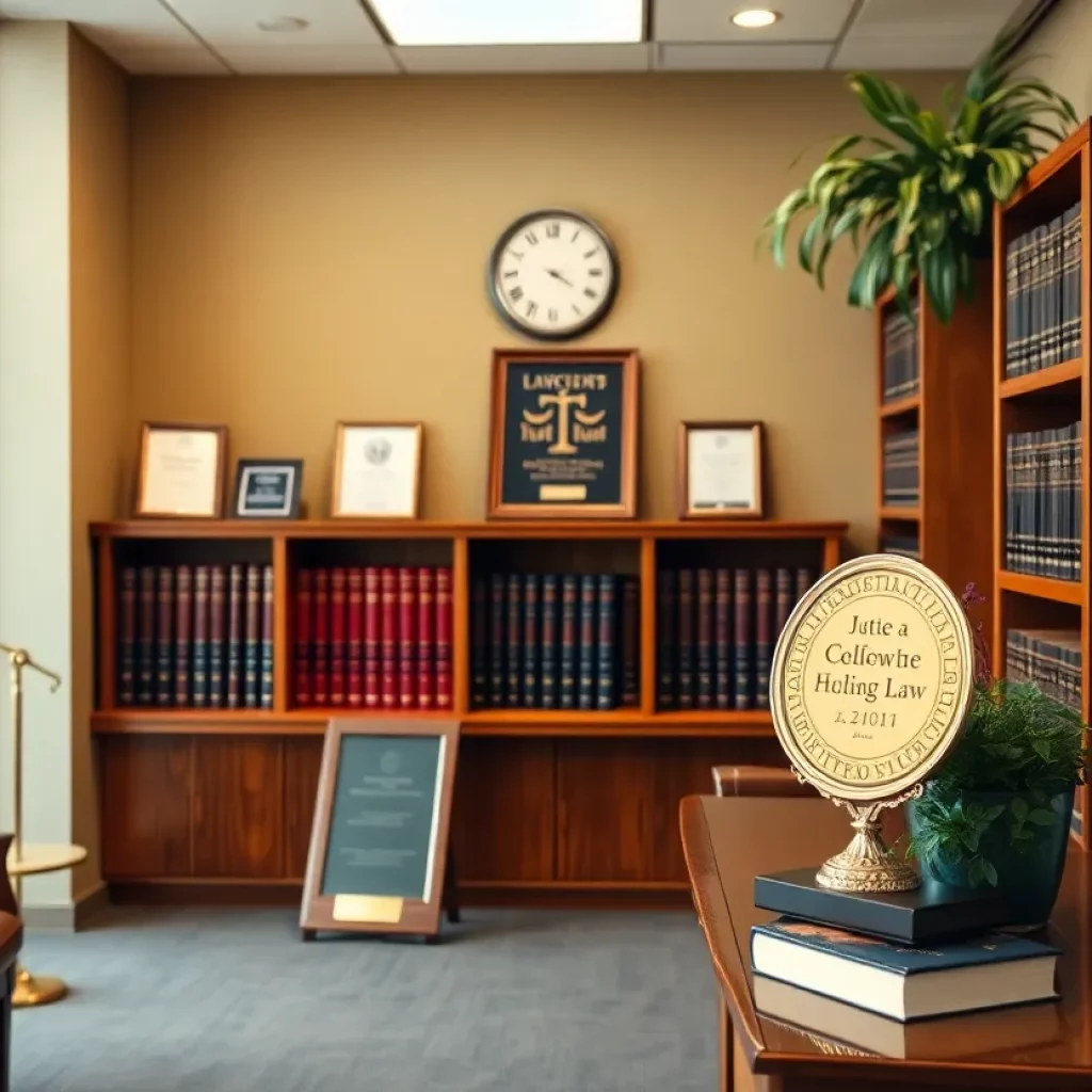 Interior of Steinberg Law Firm showcasing legal resources and awards