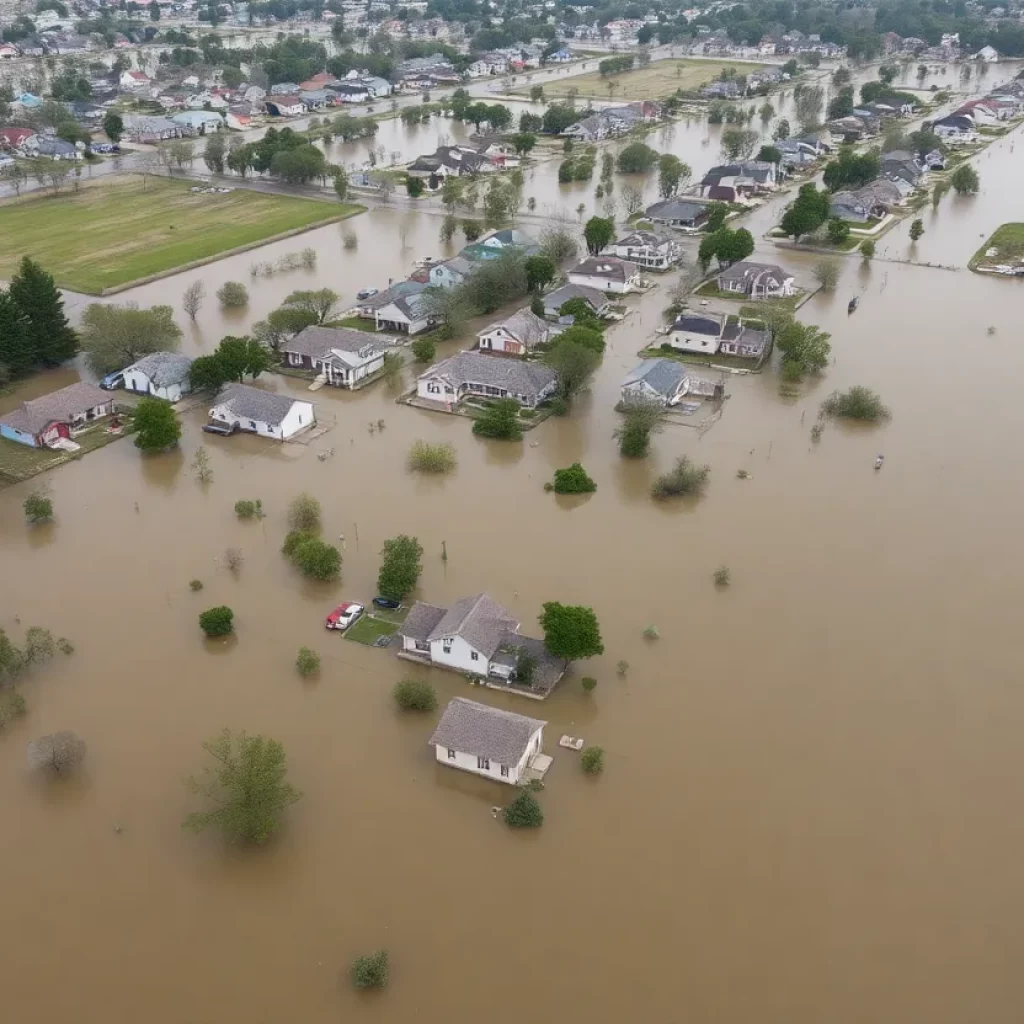 Aerial view of flooding in Texas with rescue operations ongoing.