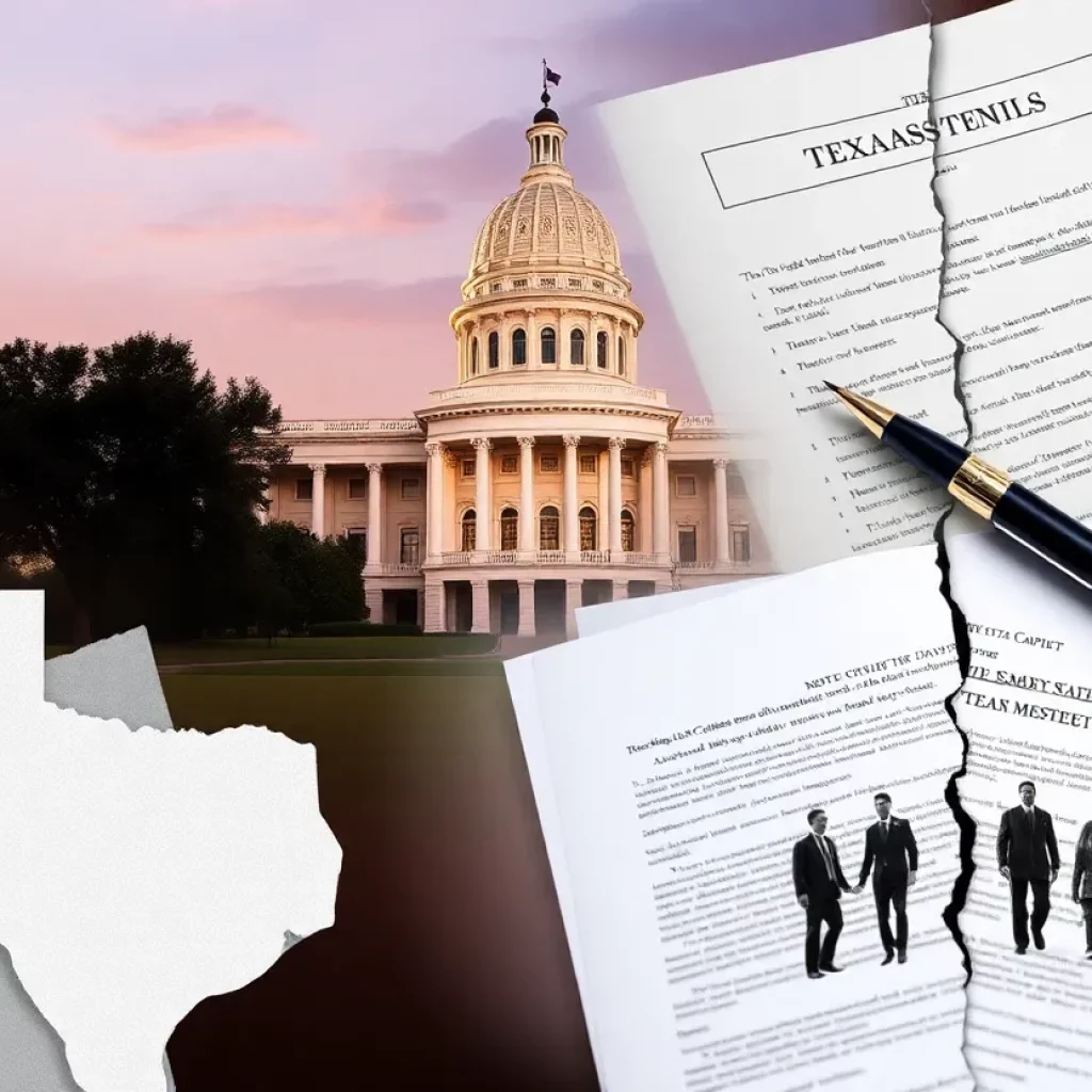 Visual representation of political turmoil in Texas with legal elements.