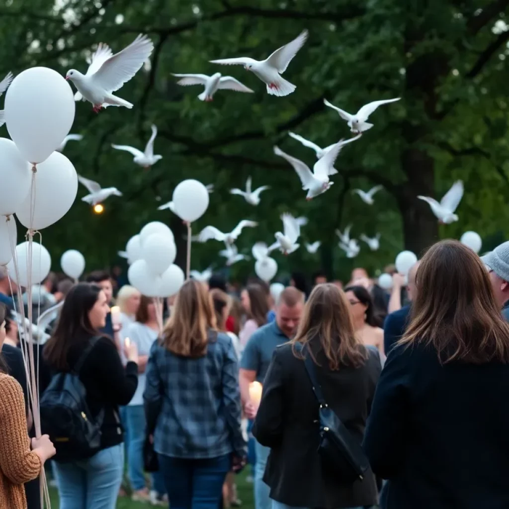 Community members gather at a vigil releasing doves and balloons in memory of a lost youth.