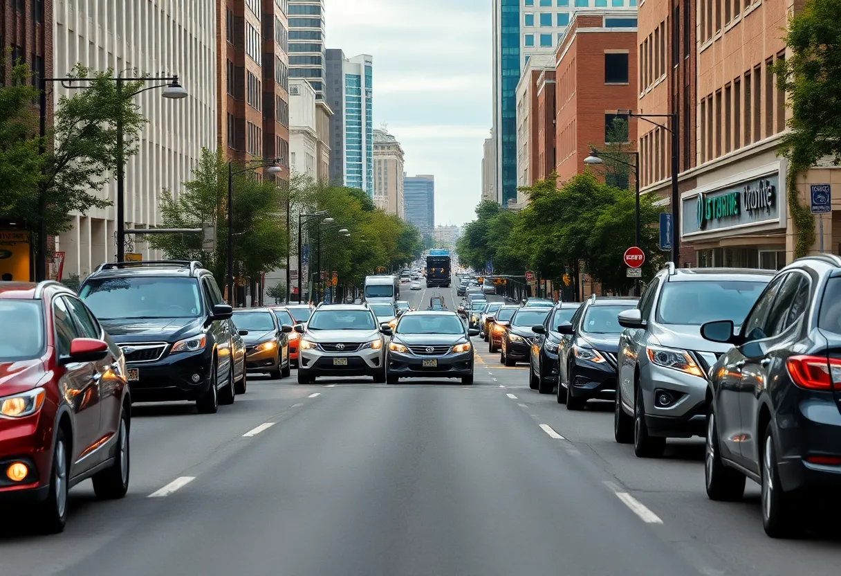 A vibrant Virginia city street illustrating responsible driving and safety.