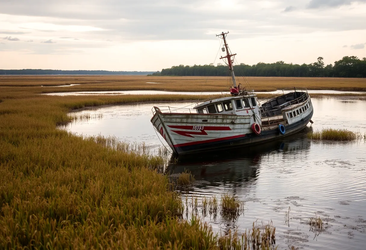 A derelict Navy torpedo retriever ship HAZAR in Bohicket Creek
