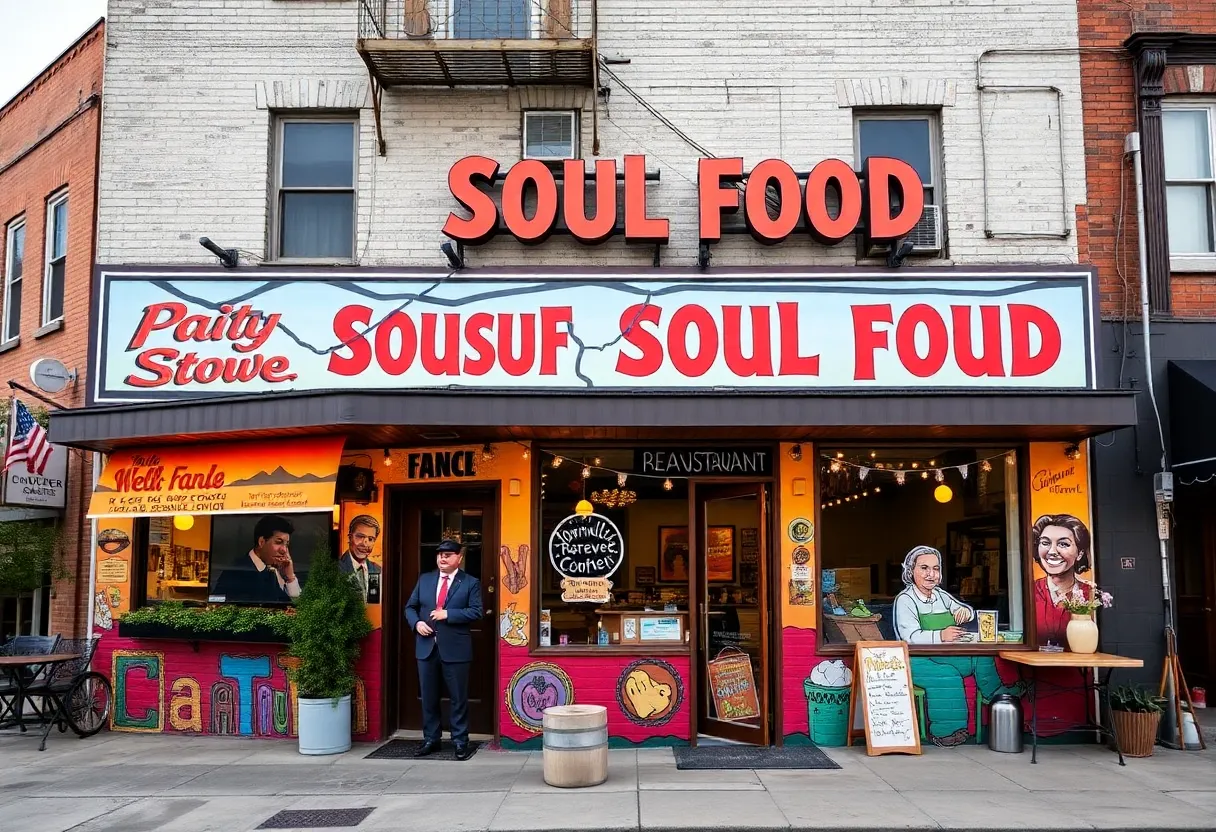 Exterior facade of Bertha's Kitchen with a mural and renovation plans.