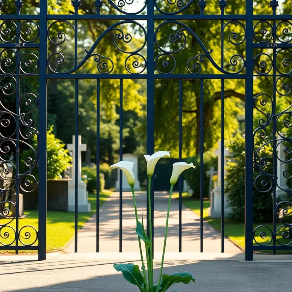 A 17-foot-tall gate adorned with calla lilies at Cemetery Hill, Clemson University.