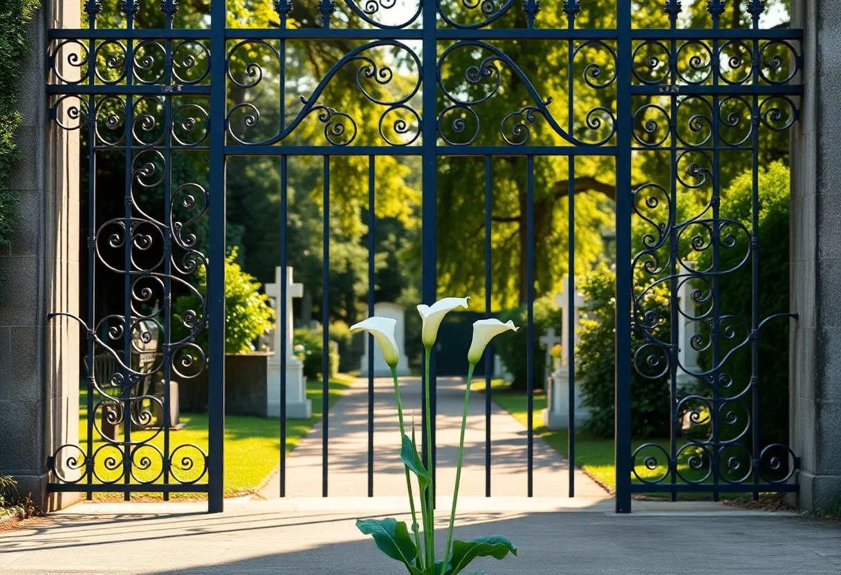 A 17-foot-tall gate adorned with calla lilies at Cemetery Hill, Clemson University.