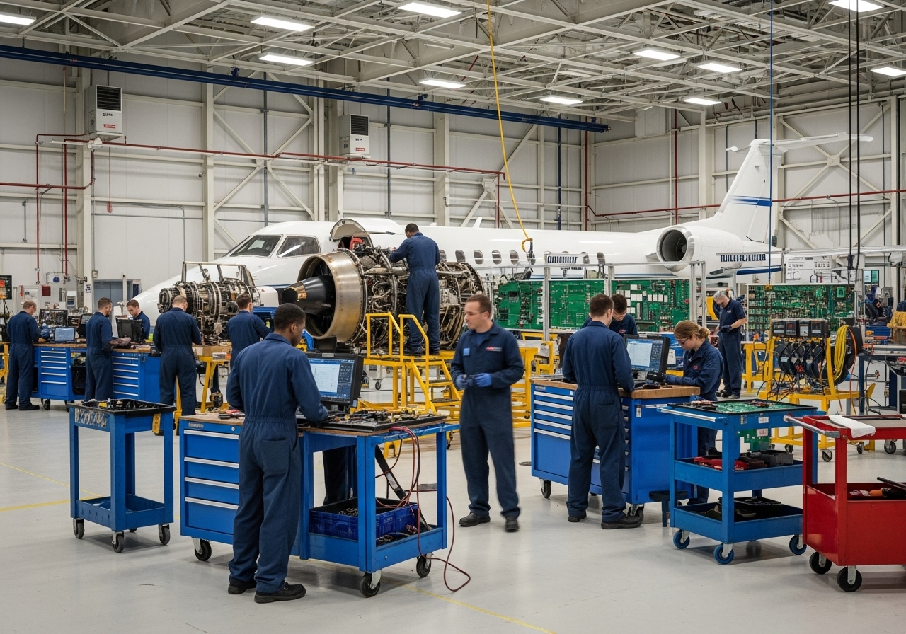 Students training on aircraft systems inside a Charleston technical college hangar