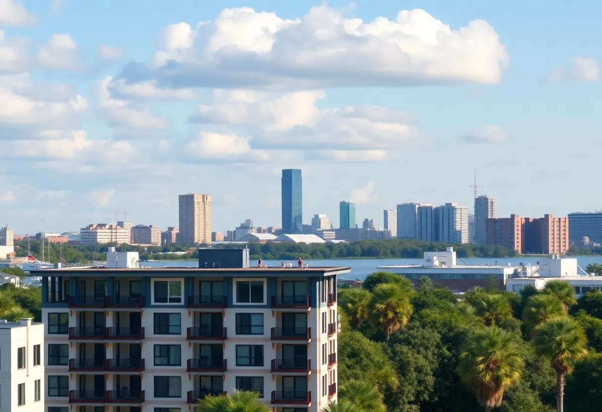 Modern apartment complex in Charleston with city skyline in the background