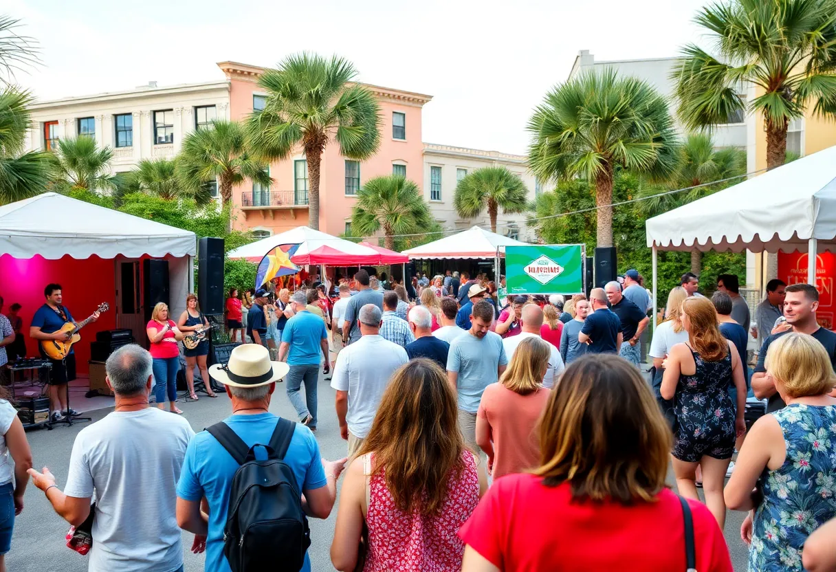 A lively outdoor event scene in Charleston featuring diverse activities.