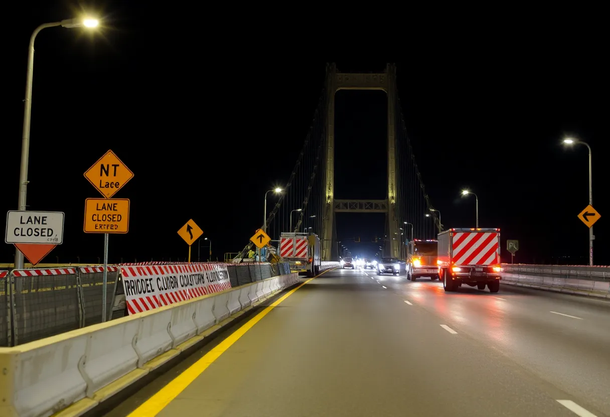 Nighttime construction scene of Ashley River Crossing bridge with lane closures on US 17