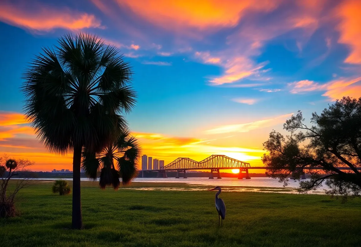 Official artwork for the 2026 Cooper River Bridge Run featuring a sunset, Palmetto trees, heron, and the Ravenel Bridge.