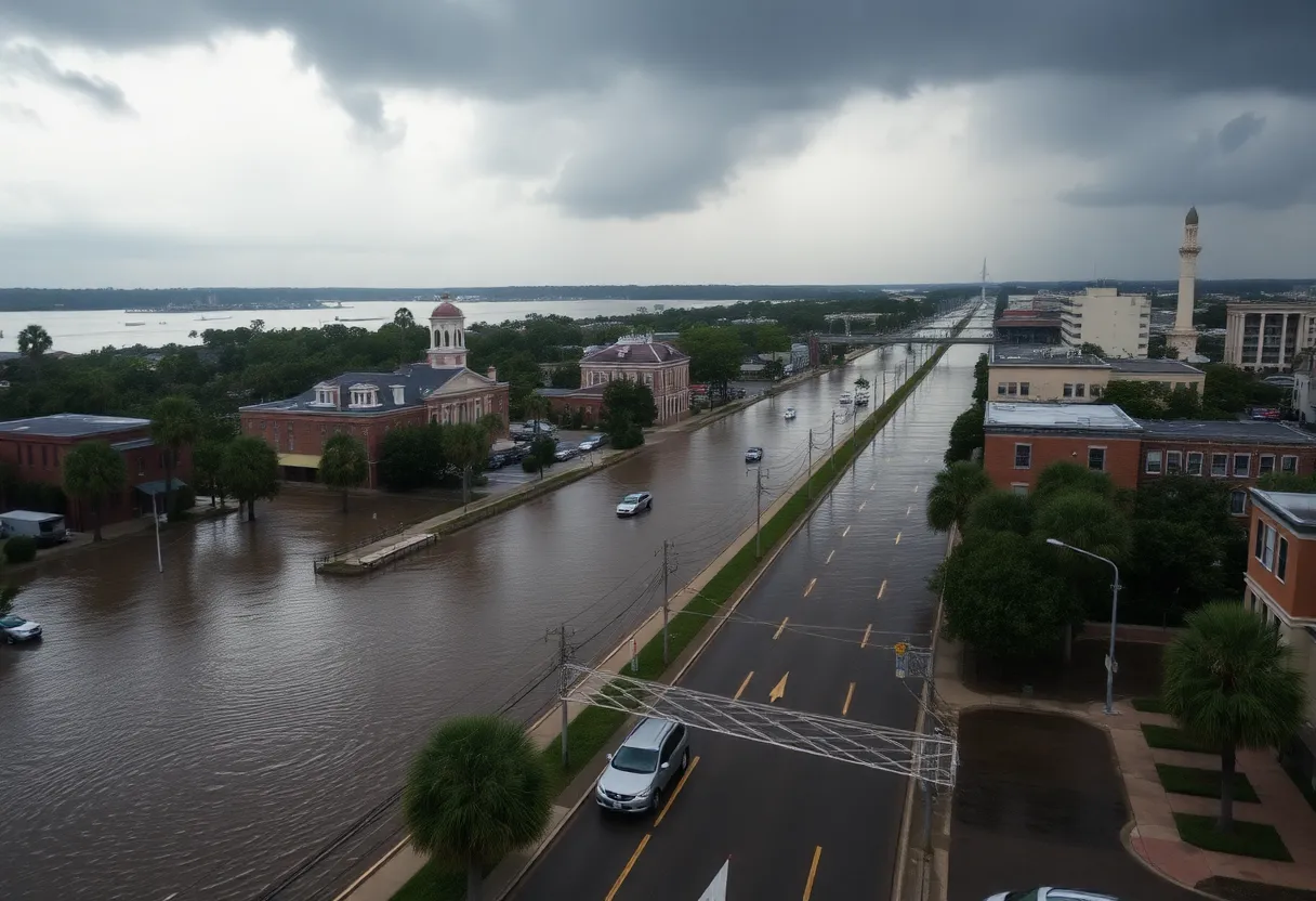 Flooded streets in downtown Charleston due to heavy rainfall