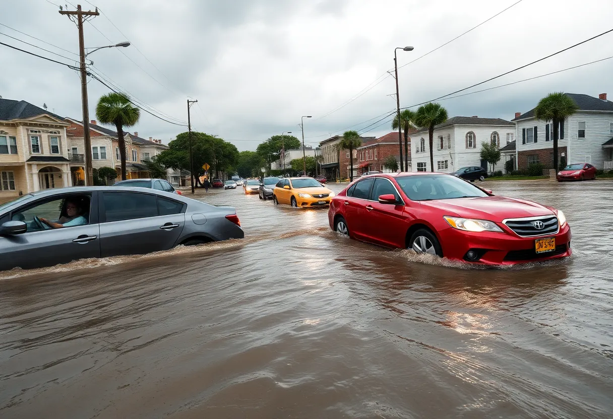 Aerial view of Charleston flooding with emergency responders and flooded streets