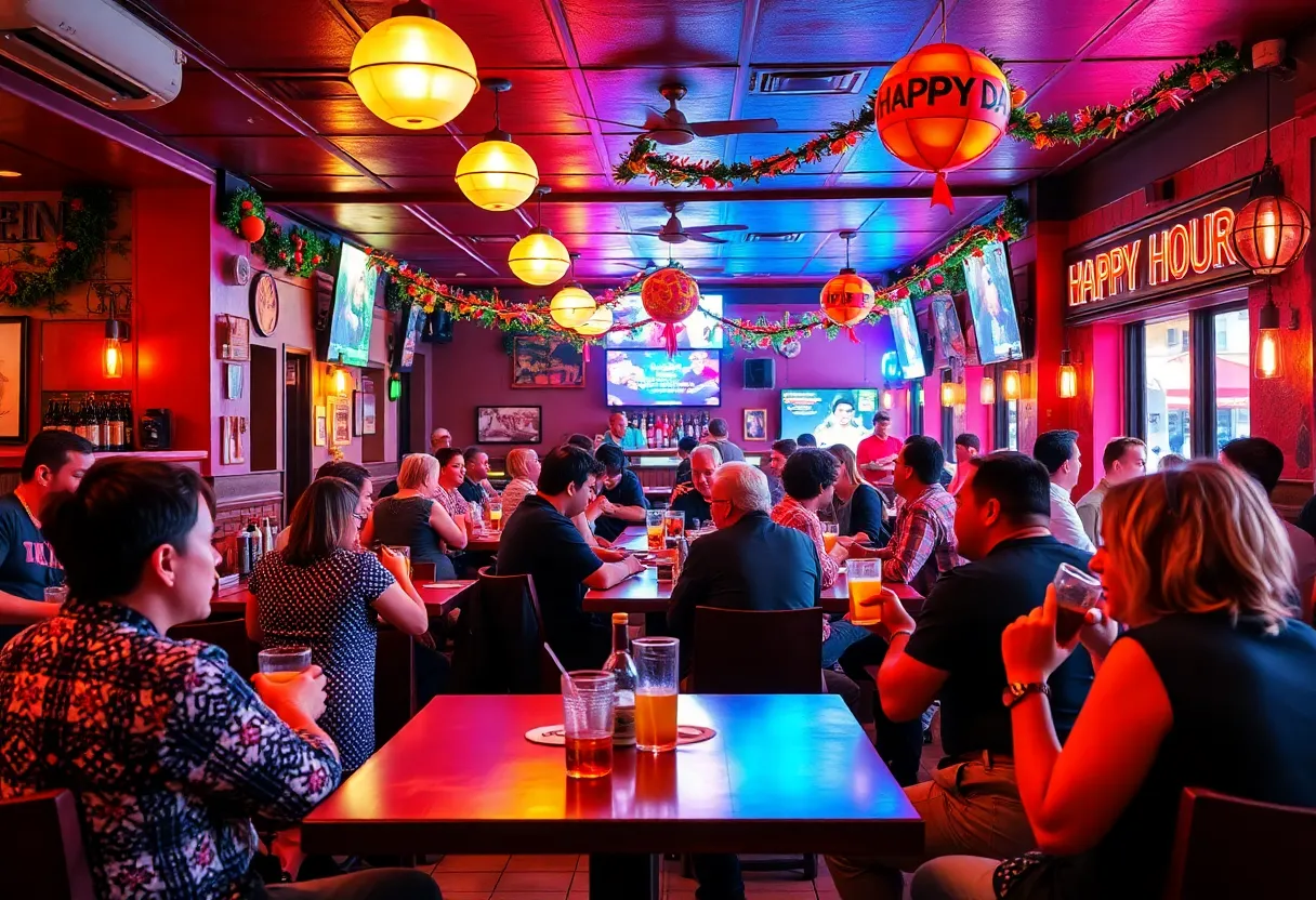 Patrons enjoying happy hour at a Charleston restaurant