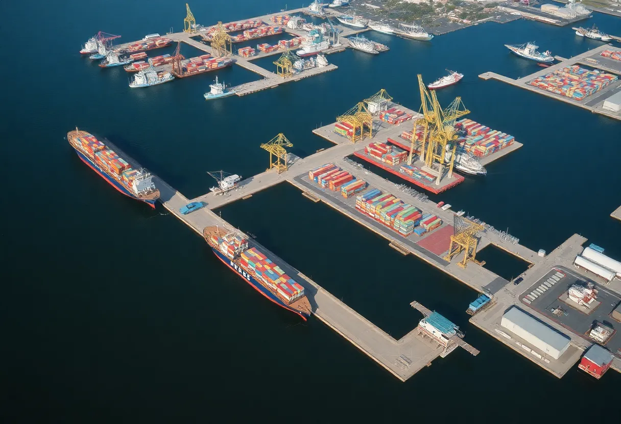 Aerial view of Charleston Harbor with container ships
