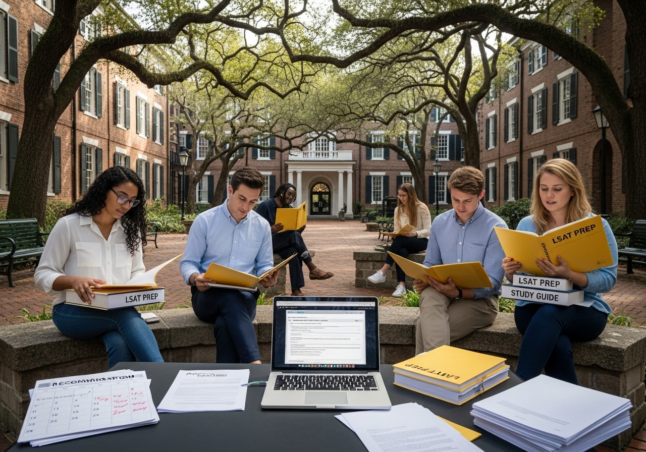 Diverse prospective law students reviewing application materials and test prep on a historic campus courtyard.