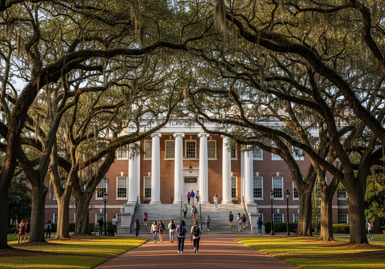 Historic Charleston School of Law campus building with students on steps and oak trees
