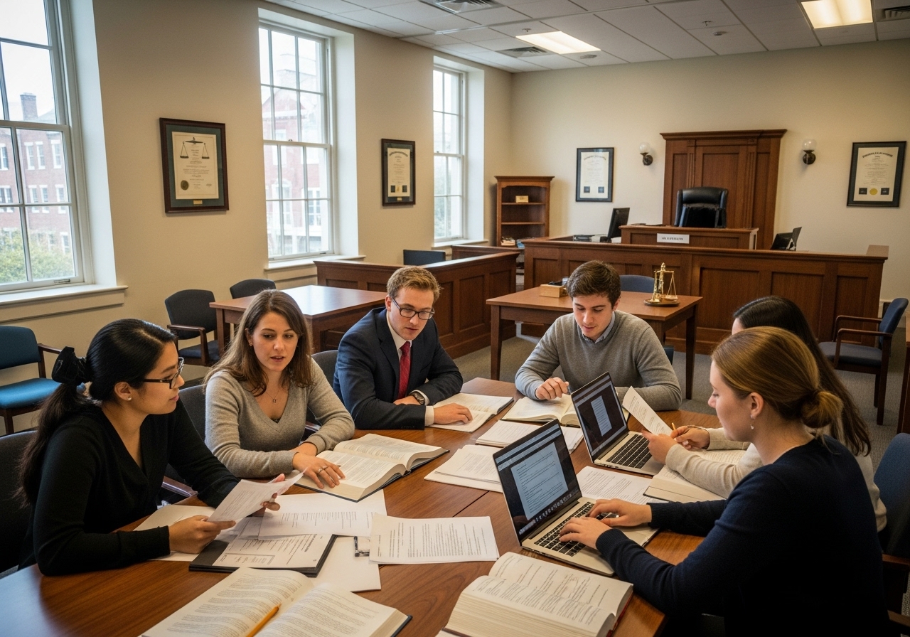 Law students collaborating in a clinic session at Charleston School of Law with documents and laptops.