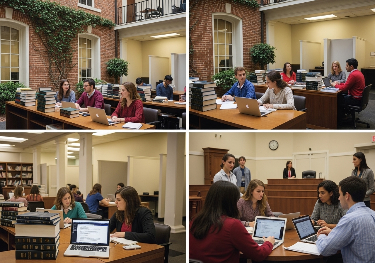 Diverse law students studying and practicing advocacy in the Charleston School of Law library and courtyard.