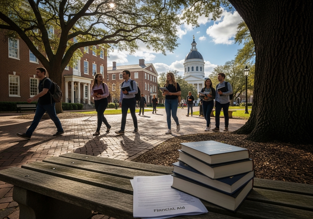 Students with textbooks on the Charleston law school campus alongside law books and financial aid documents