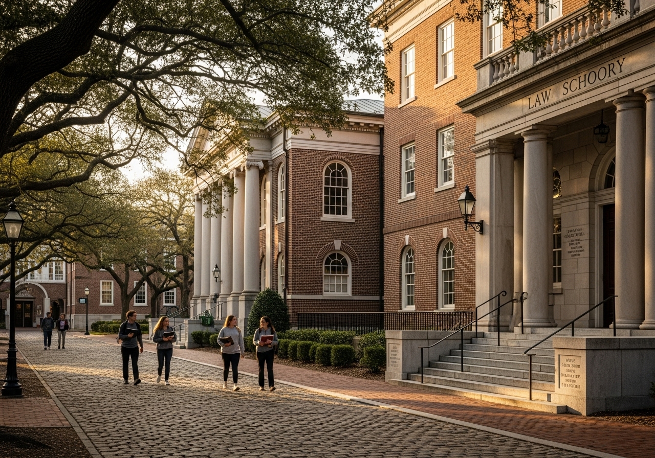 Historic Charleston School of Law building with modern classrooms and students on campus