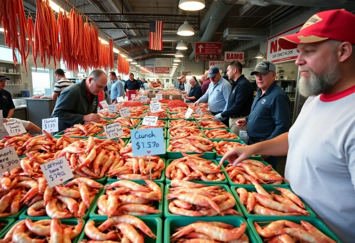 Fresh shrimp on display at Charleston seafood market with labeling