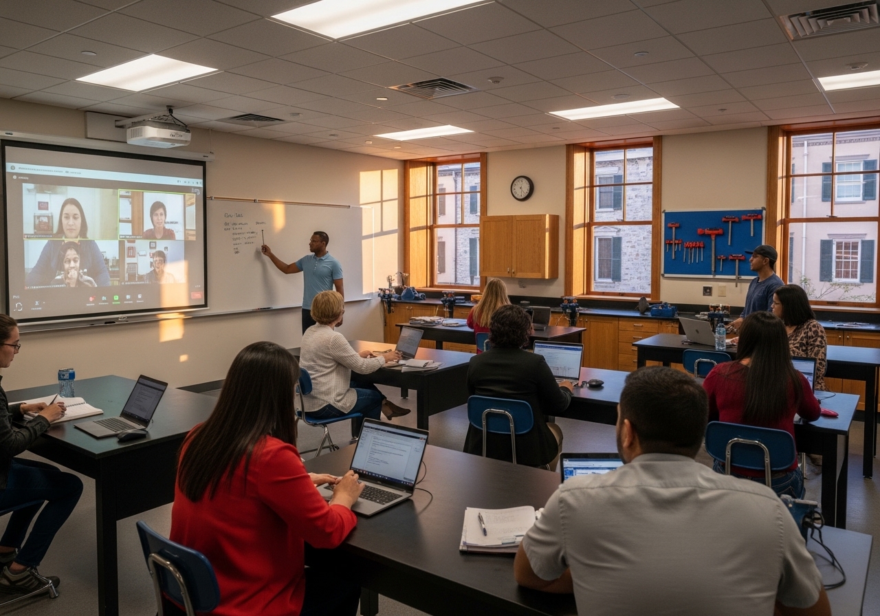 Adult students in a modern Charleston college classroom attending an evening hybrid technical class with laptops and instructor at whiteboard