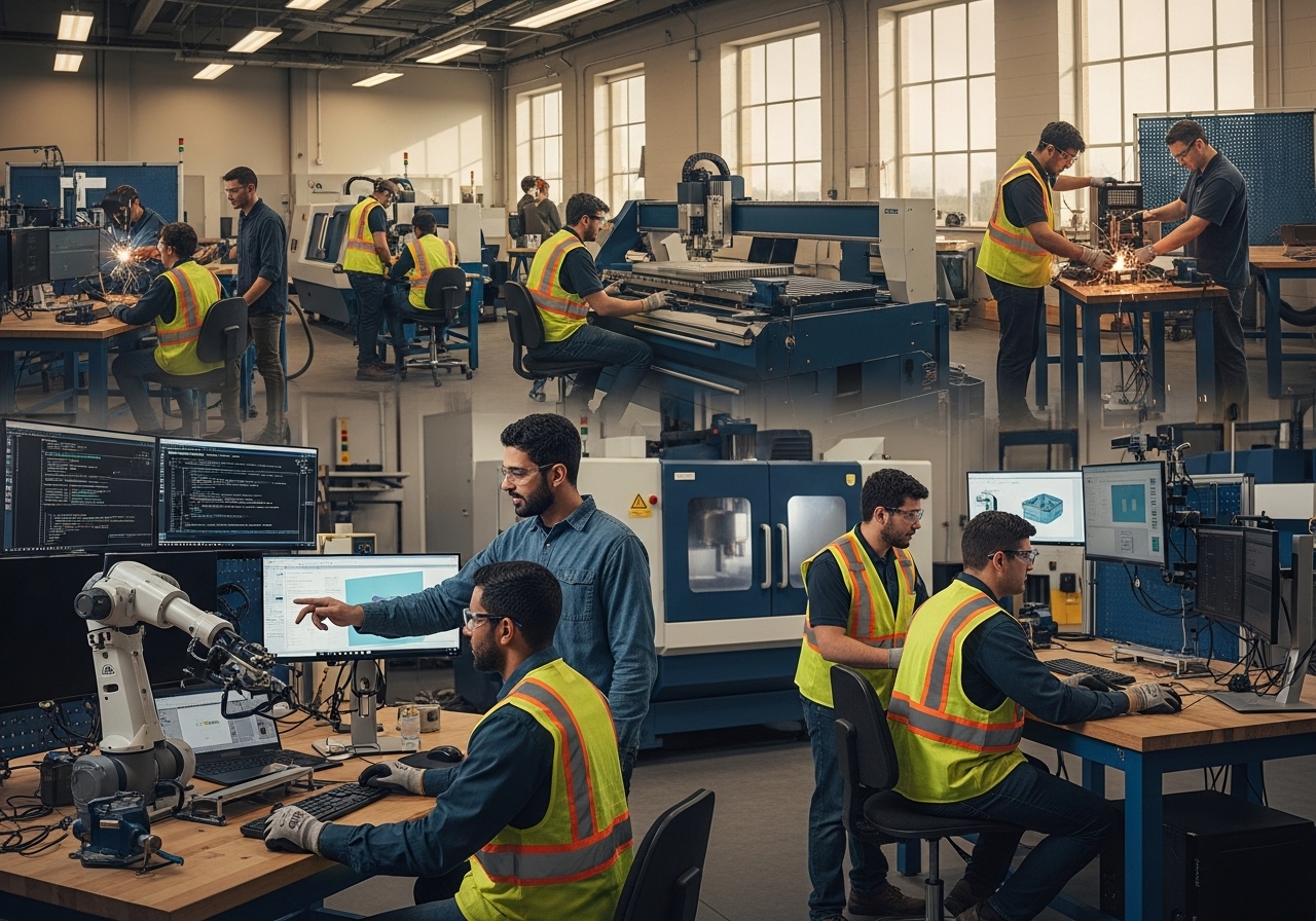 Students and instructors working in a technical training lab with robotics, CNC machines, and welding stations