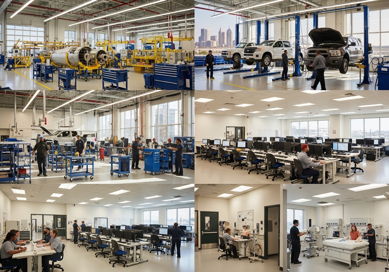 Exterior campus and vocational workshops representing technical schools in Charleston with students working in labs and trade shops