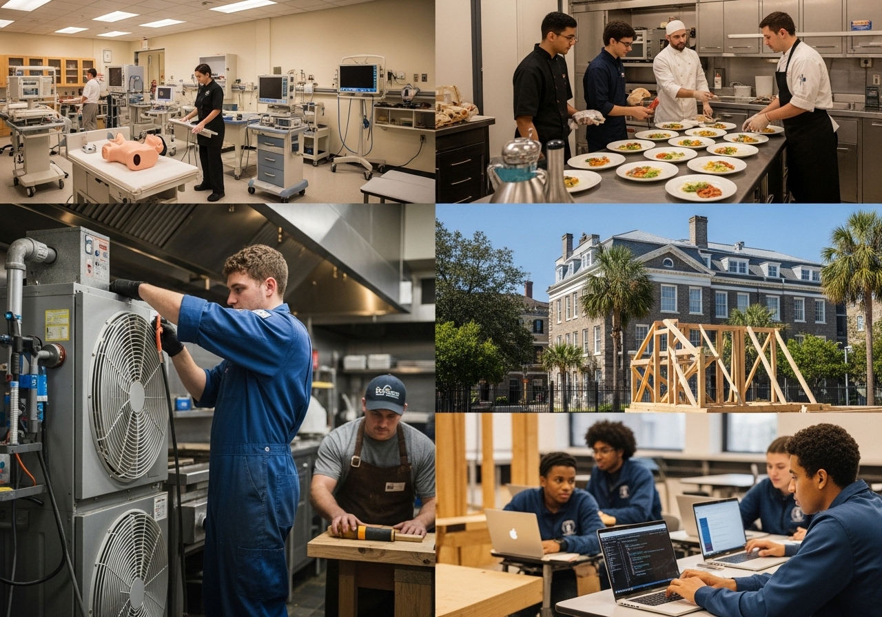 Composite scene of hands-on training in healthcare, culinary, trades, building arts, and IT at Charleston technical schools