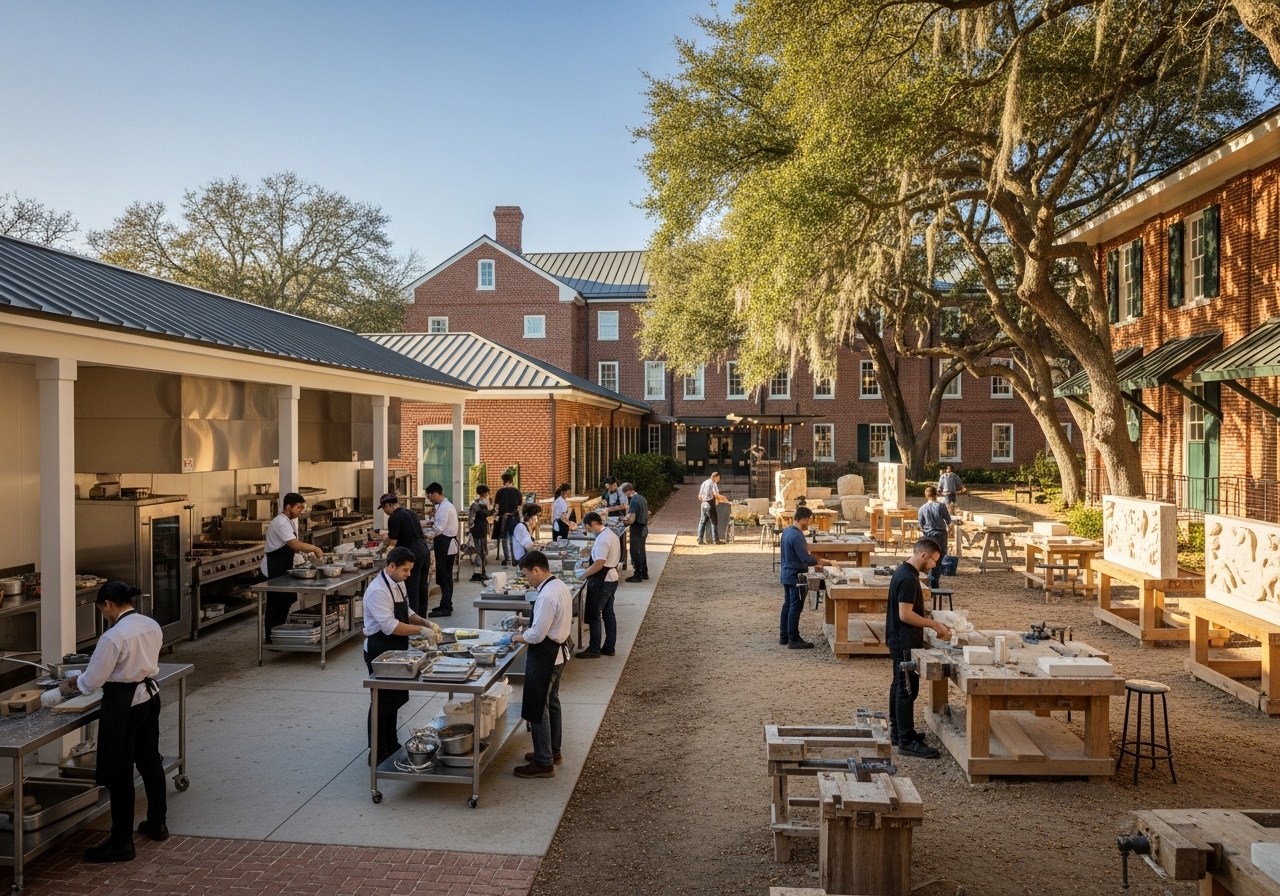 Students working in a technical training workshop at a Charleston college