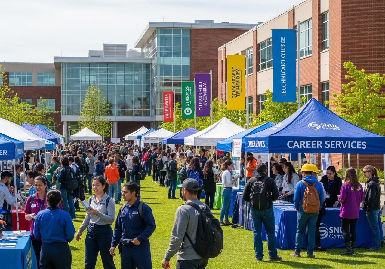 Diverse students and staff at a campus fair on a Charleston technical college green