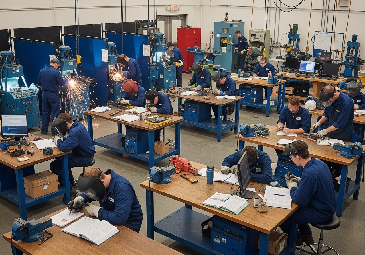 Vocational training workshop with students and machinery at a Charleston technical college