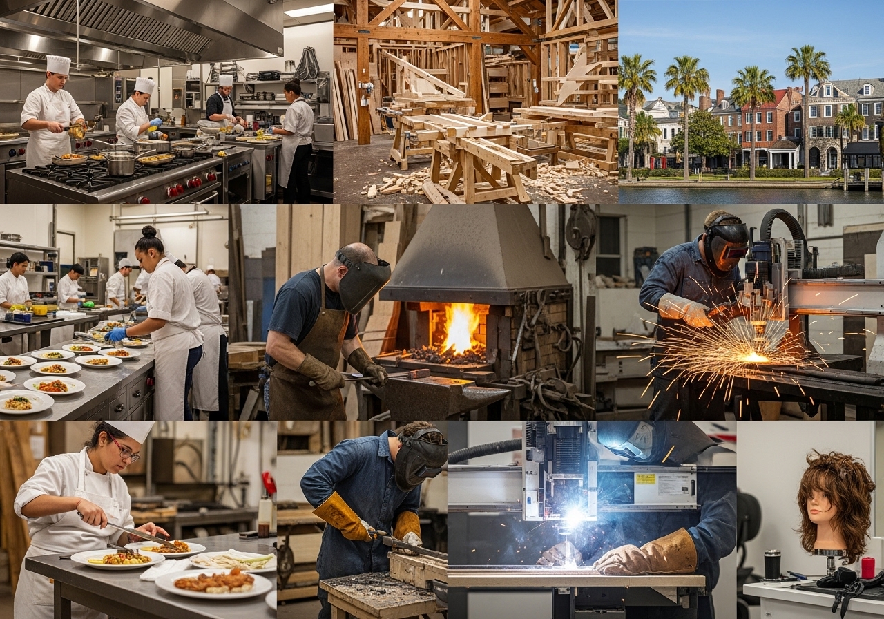 Montage of vocational training scenes in Charleston including culinary, woodworking, welding, CNC, and cosmetology