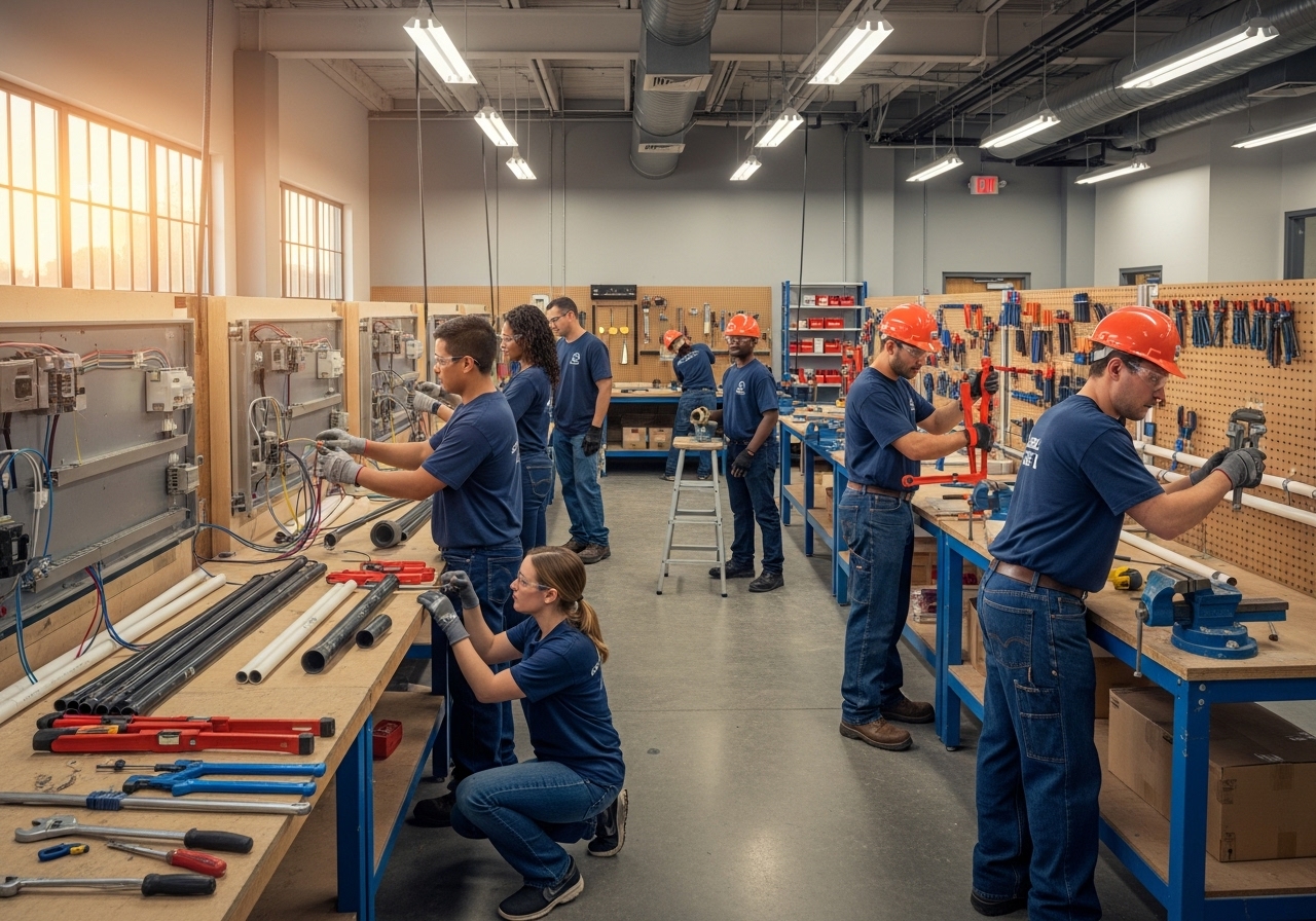 Students practicing electrical wiring and plumbing installations in a Charleston trade school workshop