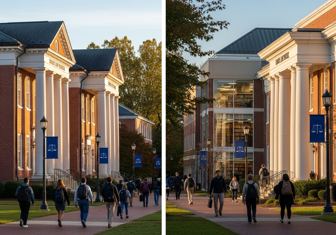 Side-by-side view of two Southern law school campuses with classical architecture and students walking between buildings.