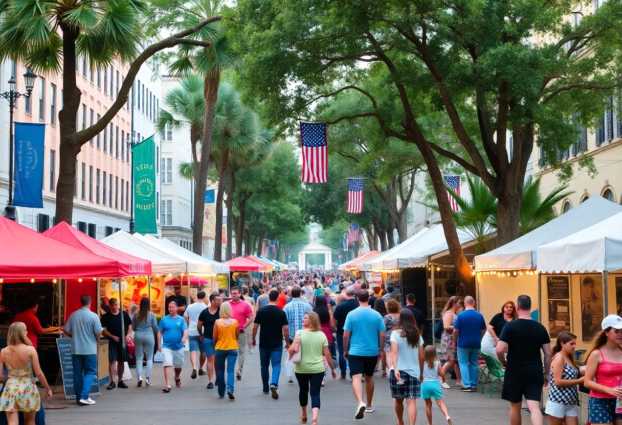 Vibrant street scene depicting weekend events in Charleston, featuring concerts, art exhibitions, and family activities.