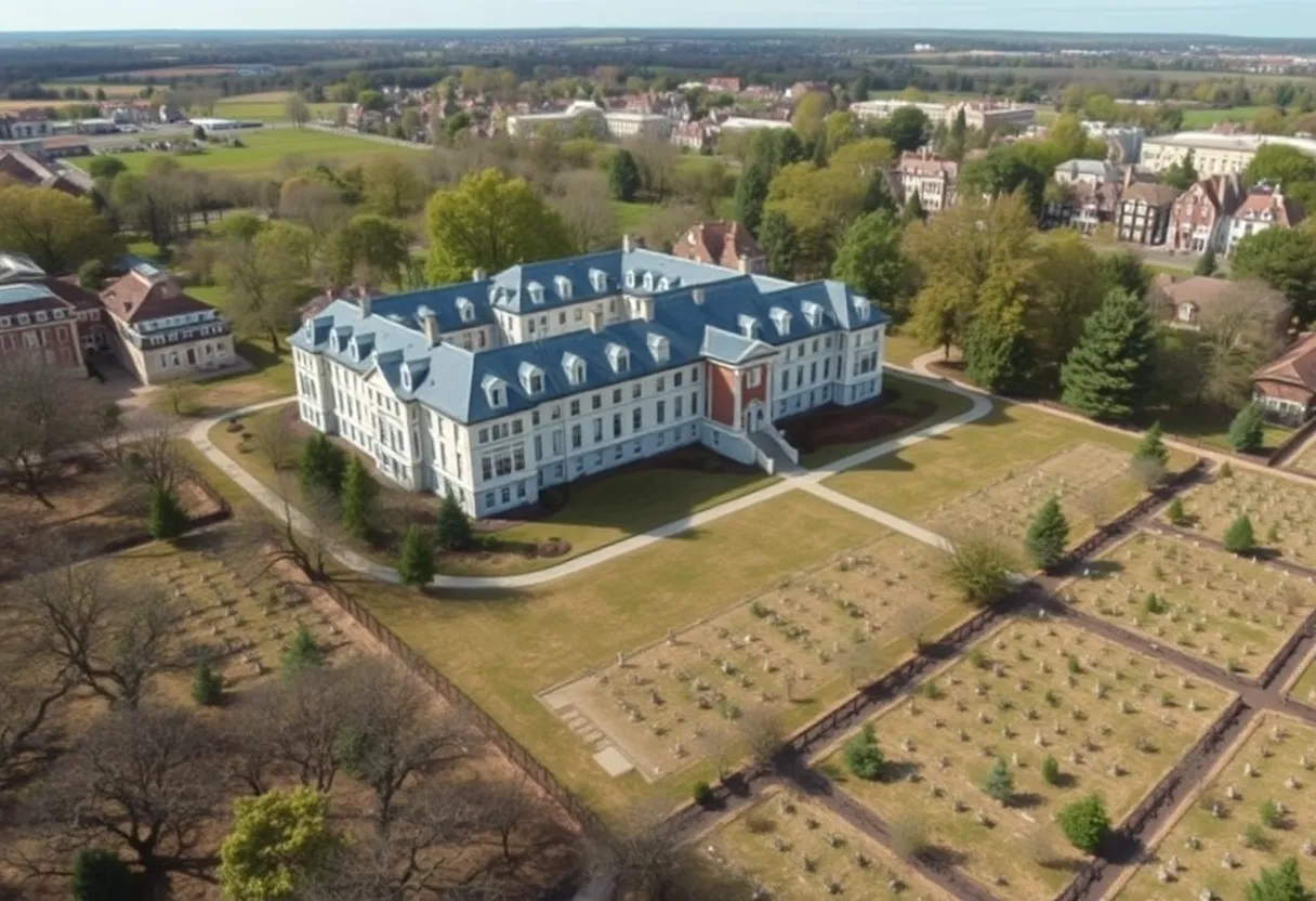 Aerial view of a proposed dormitory site at College of Charleston over a historic burial ground.