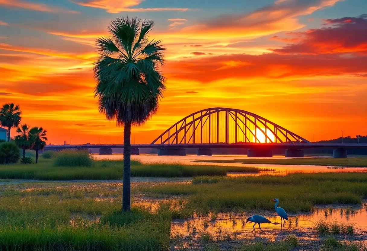 Logo design for the Cooper River Bridge Run showcasing sunset colors and local flora.