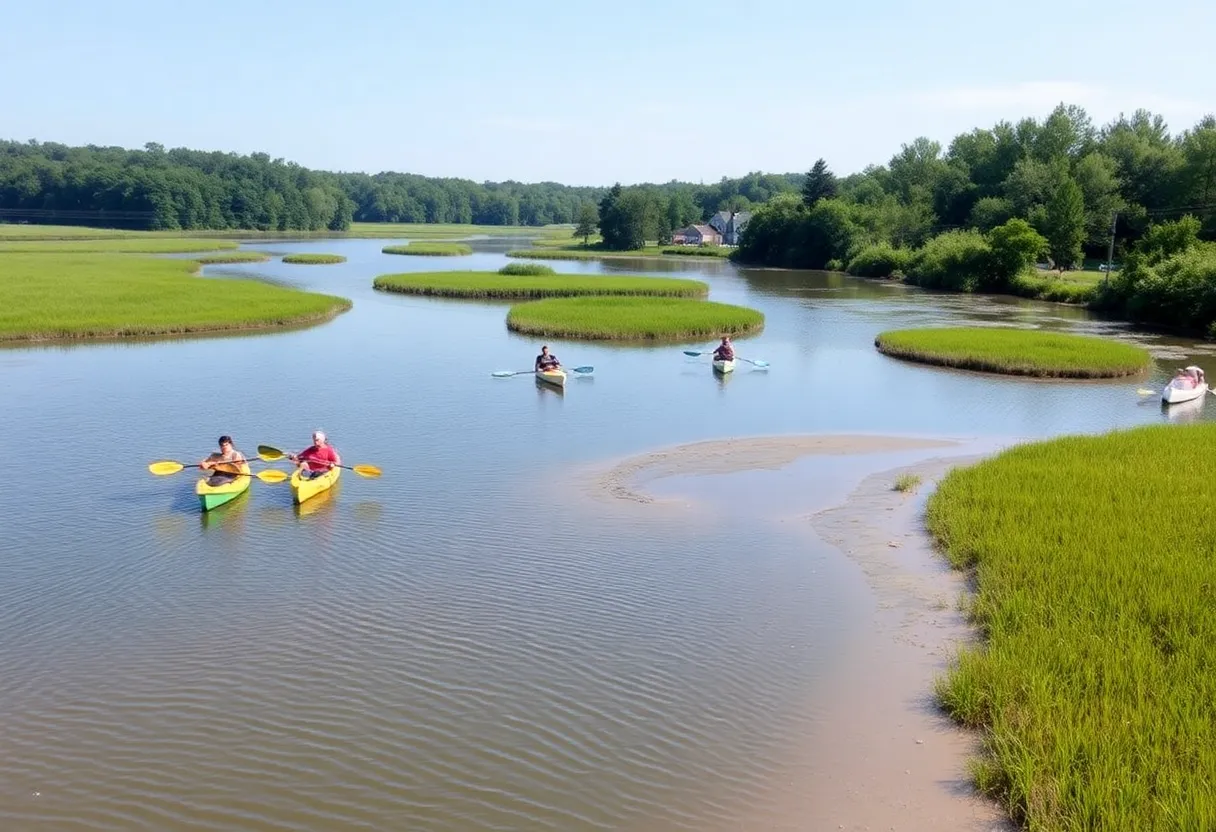 View of Cove Creek with kayakers and visible sediment buildup