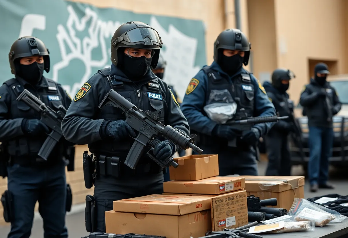 Law enforcement officers conducting a drug and firearms seizure operation.
