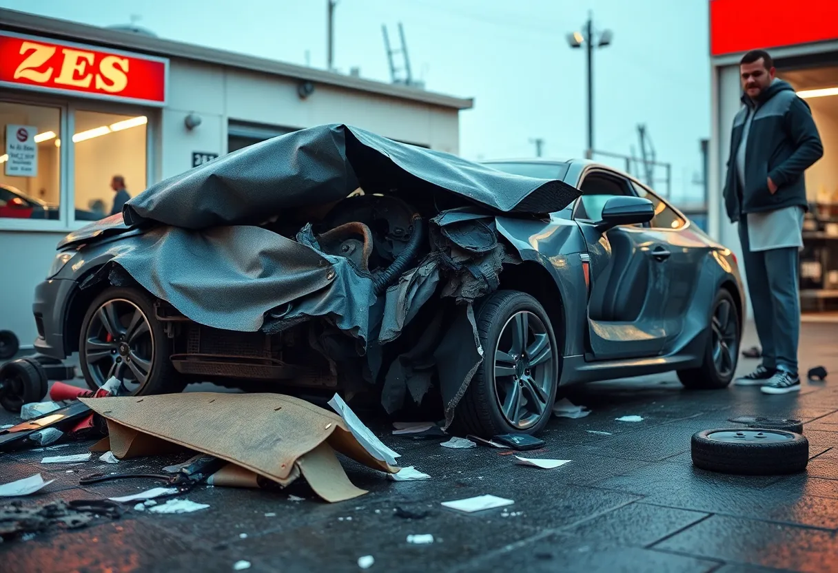 Damage from a dump truck accident at a car detailing business